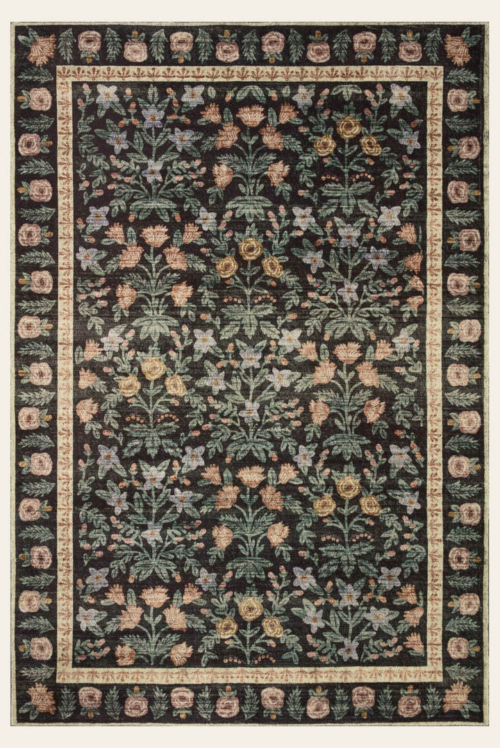 Eden Rug in Mughal Garden Black full view showing botanical rows on a black ground with cream border - Rifle Paper Co. x Loloi - Whats New Furniture Portland OR