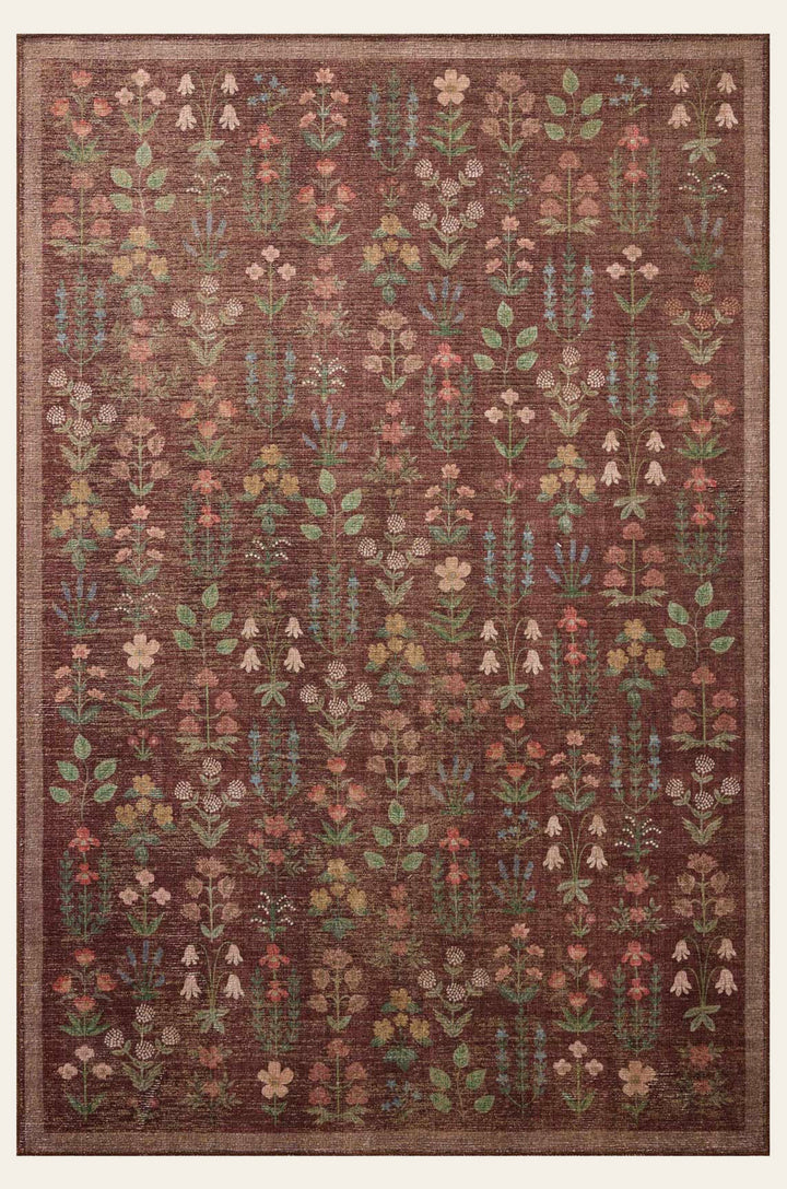 Edinburgh Jute Rug in Merlot full view showing Rifle Paper Co. botanicals printed on natural jute - Loloi rug - Whats New Furniture Portland OR