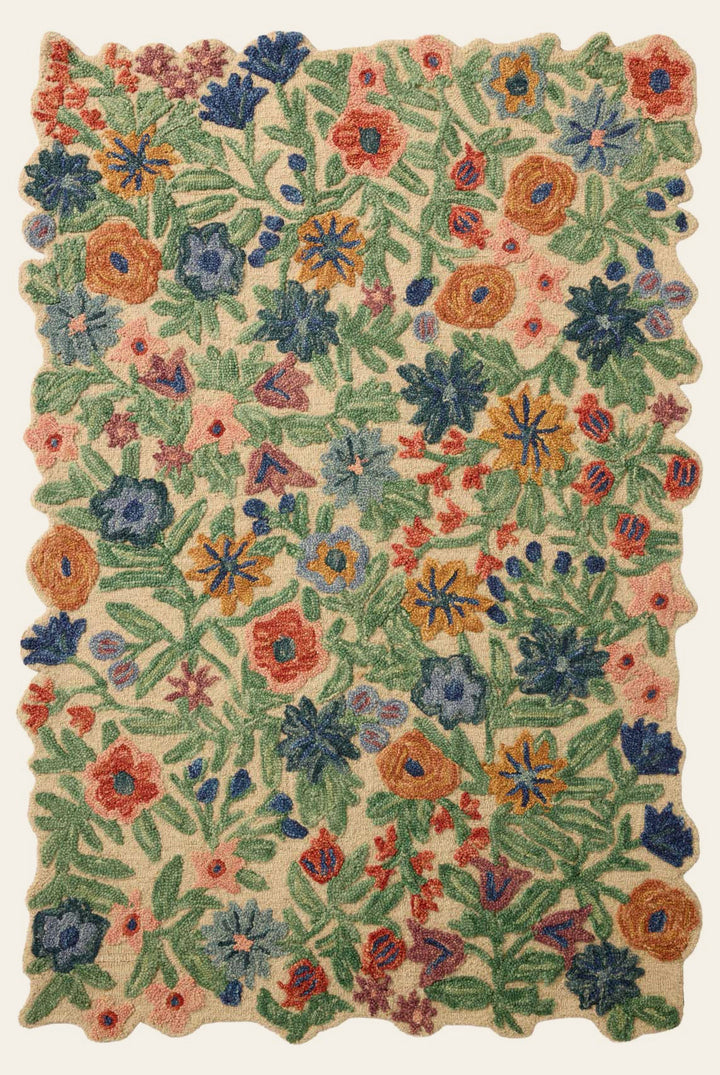 Edith Hand Tufted Rug in Ivory Multi full view showing dense tufted florals with a scalloped live edge - Rifle Paper Co. x Loloi - Whats New Furniture Portland OR