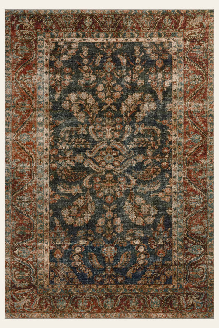 Jules Rug in Ocean Spice full view showing the vintage Persian-style design in deep blue and rust - Chris Loves Julia x Loloi - Whats New Furniture Portland OR