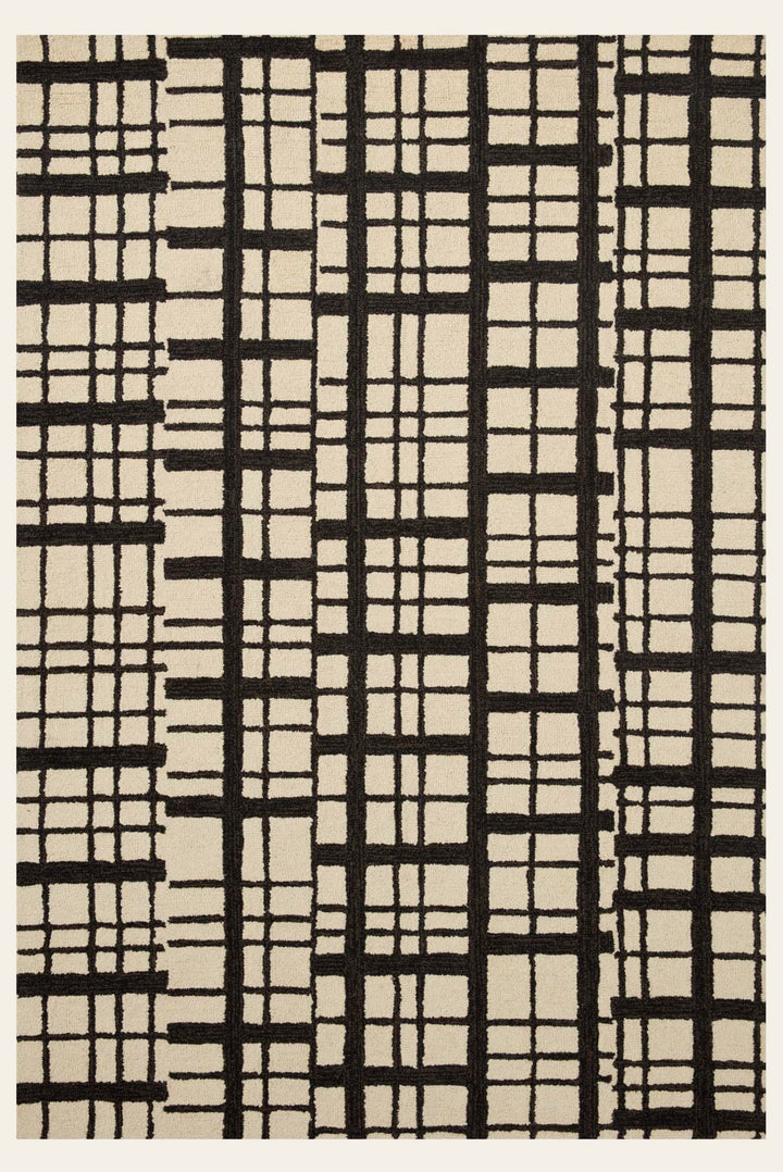 Polly Hand Tufted Rug in Black Ivory full view showing the bold painterly grid pattern - Chris Loves Julia x Loloi - Whats New Furniture Portland OR