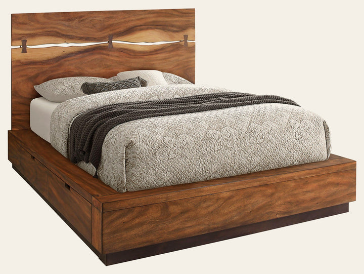 Winslow Storage Bed in smokey walnut, front three-quarter view - platform storage bed by Coaster - Whats New Furniture Portland OR