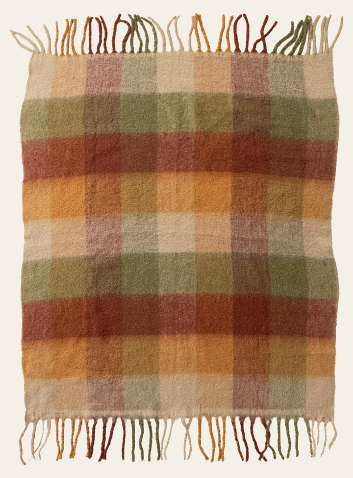 Woven Brushed Plaid Throw with Fringe, Natural & Multi Color front view - throw blanket by Creative Co-Op - Whats New Furniture Portland OR