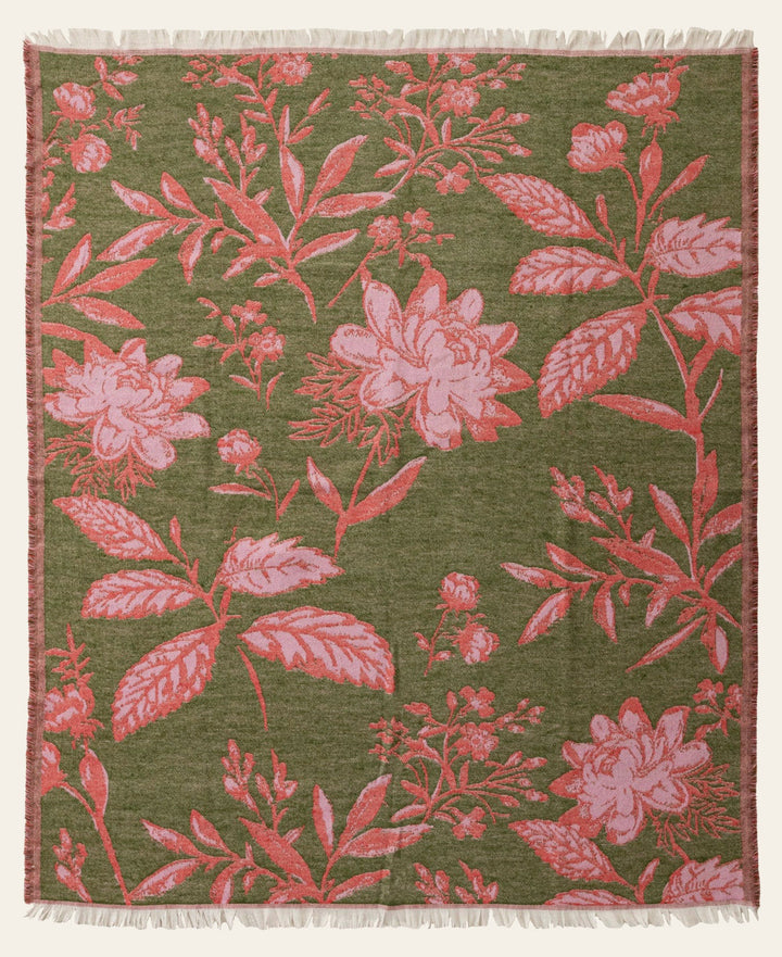 Woven Jacquard Botanical Throw with Fringe, Green & Pink front view - throw blanket by Creative Co-Op - Whats New Furniture Portland OR