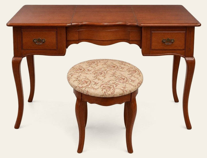 Cherry vintage vanity desk with attached mirror and worn wood top.