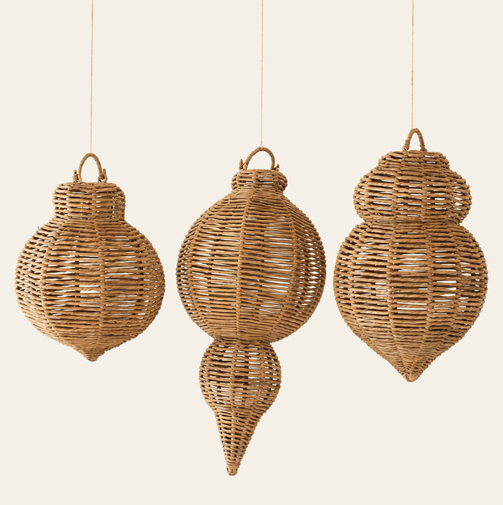 Set of Three Large Woven Seagrass and Iron Ornaments on a studio background - home decor by Kalalou - Whats New Furniture Portland OR
