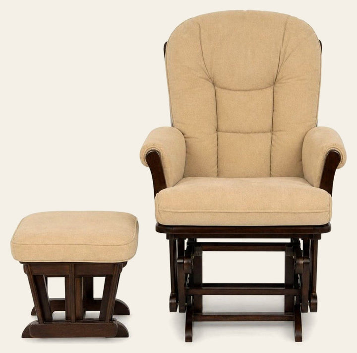 Beige nursery rocking glider with high padded back and wood glider base