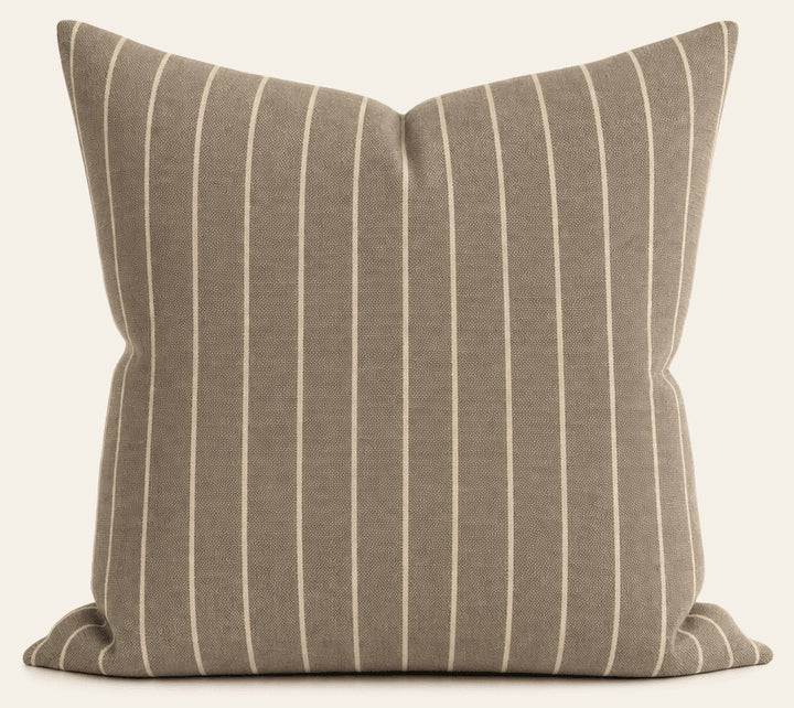 Rhett Earth Ticking Stripe Throw Pillow front view by Decor Fifty-Five - Whats New Furniture Portland OR