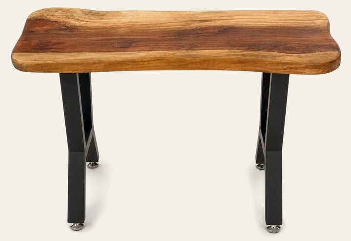 Redwood mid-century coffee table with compact low rectangular top and sculptural wood grain.