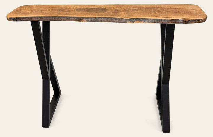 Walnut English walnut console table with a slim 41-inch top and tall legs.