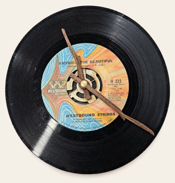 Black vinyl record clock with America the Beautiful album art on the disc.