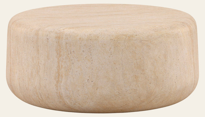 Kassia Coffee Table - Faux Travertine Round front three-quarter view - Coffee Tables by Dovetail - Whats New Furniture Portland OR