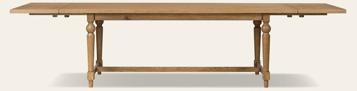 Blinn Extension Dining Table in Worn Oak Veneer front studio view - Whats New Furniture Portland OR