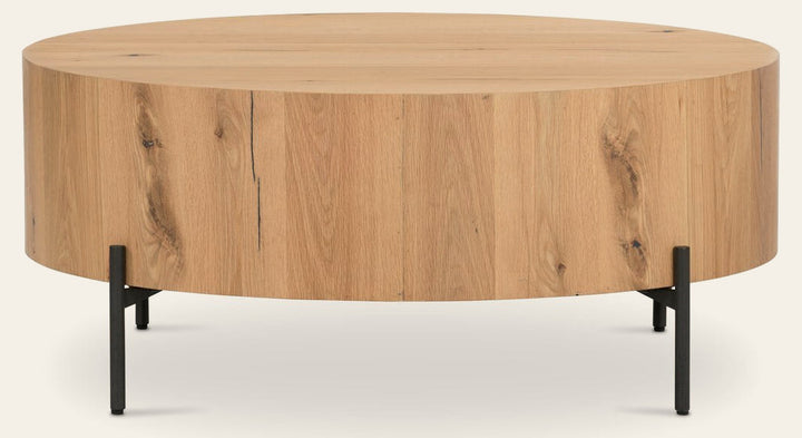 Eaton Drum Coffee Table in Light Oak Resin / 38"W x 38"D x 16"H front studio view - Whats New Furniture Portland OR