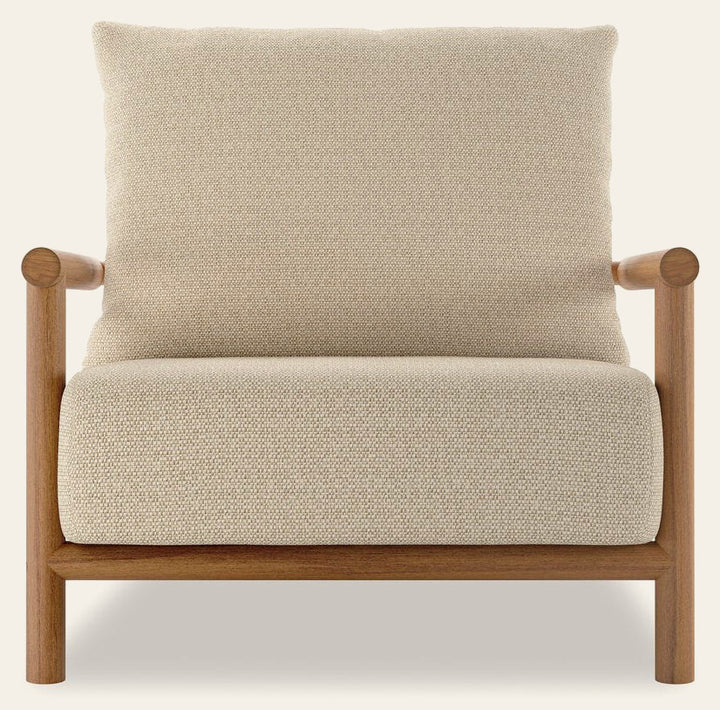 Cardiff Outdoor Chair in Faye Sand, Natural Teak front studio view - Whats New Furniture Portland OR