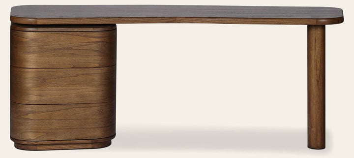 Hawthorne Desk in Amber Sungkai Veneer front studio view - Whats New Furniture Portland OR