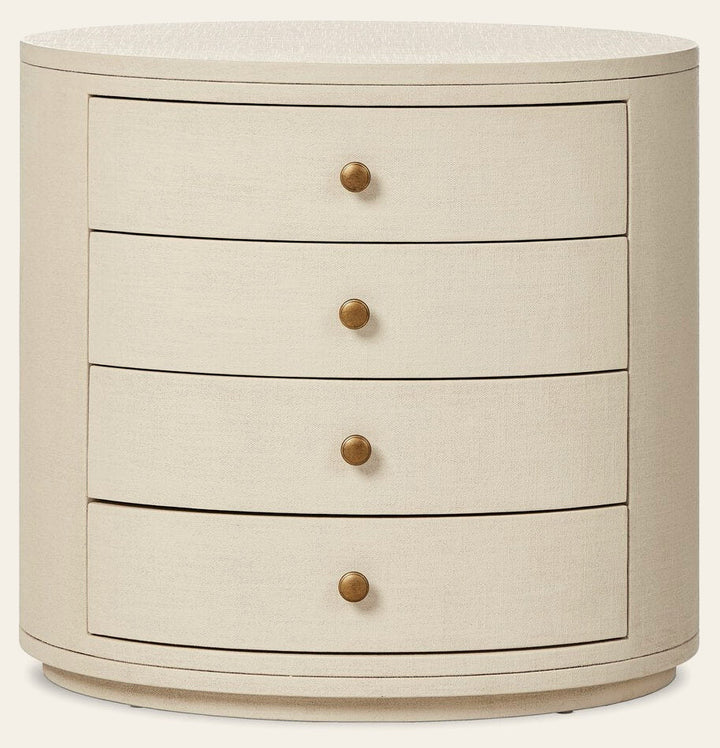 Amelia Oval Nightstand in Ivory Painted Linen front studio view - Whats New Furniture Portland OR
