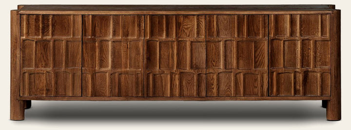 Ezri Media Console in Cocoa Oak front studio view - Whats New Furniture Portland OR