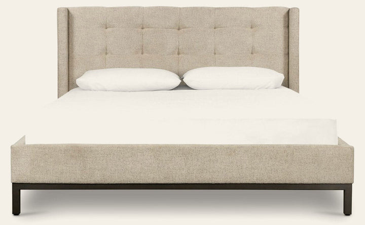 Newhall Bed in Plushtone Linen, King, front studio view - Whats New Furniture Portland OR