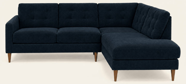 Vogue Open Chaise Sectional in Sergio Indigo, straight-on studio view - Oregon-made Stanton sectional - What's New Furniture Portland OR
