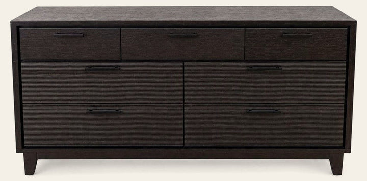 Espresso seven-drawer dresser with a long, low wood case and aligned drawer fronts.