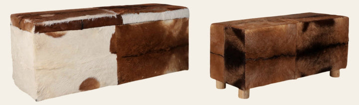 Hair on hide storage bench set of 2 in brown and white cowhide - bench by Sagebrook Home - Whats New Furniture Portland OR