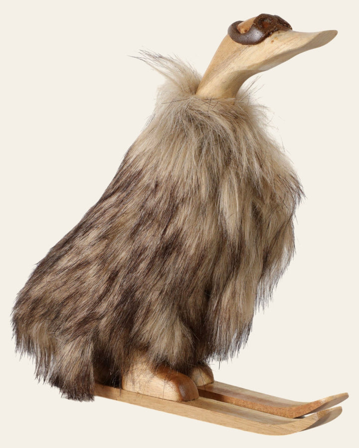 Faux Fur Skiing Duck with Goggles front view - figurine by Sagebrook Home - Whats New Furniture Portland OR