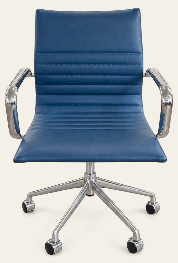 Blue adjustable office chair with a padded seat and metal base.