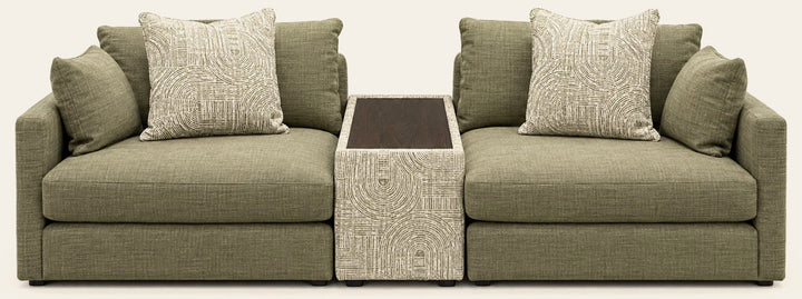 Haze sofa in Beethoven Olivine with Junction Thyme console, studio - Whats New Furniture Portland OR
