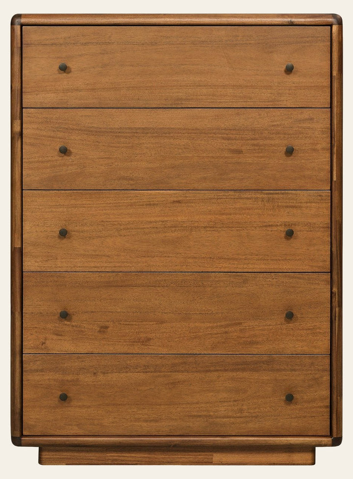 Rosette 5-Drawer Chest in Hazelnut Brown - front studio view - Whats New Furniture Portland