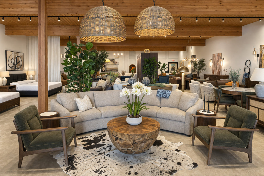 Furniture displays inside What's New Furniture Cedar Mill showroom near Beaverton, Oregon