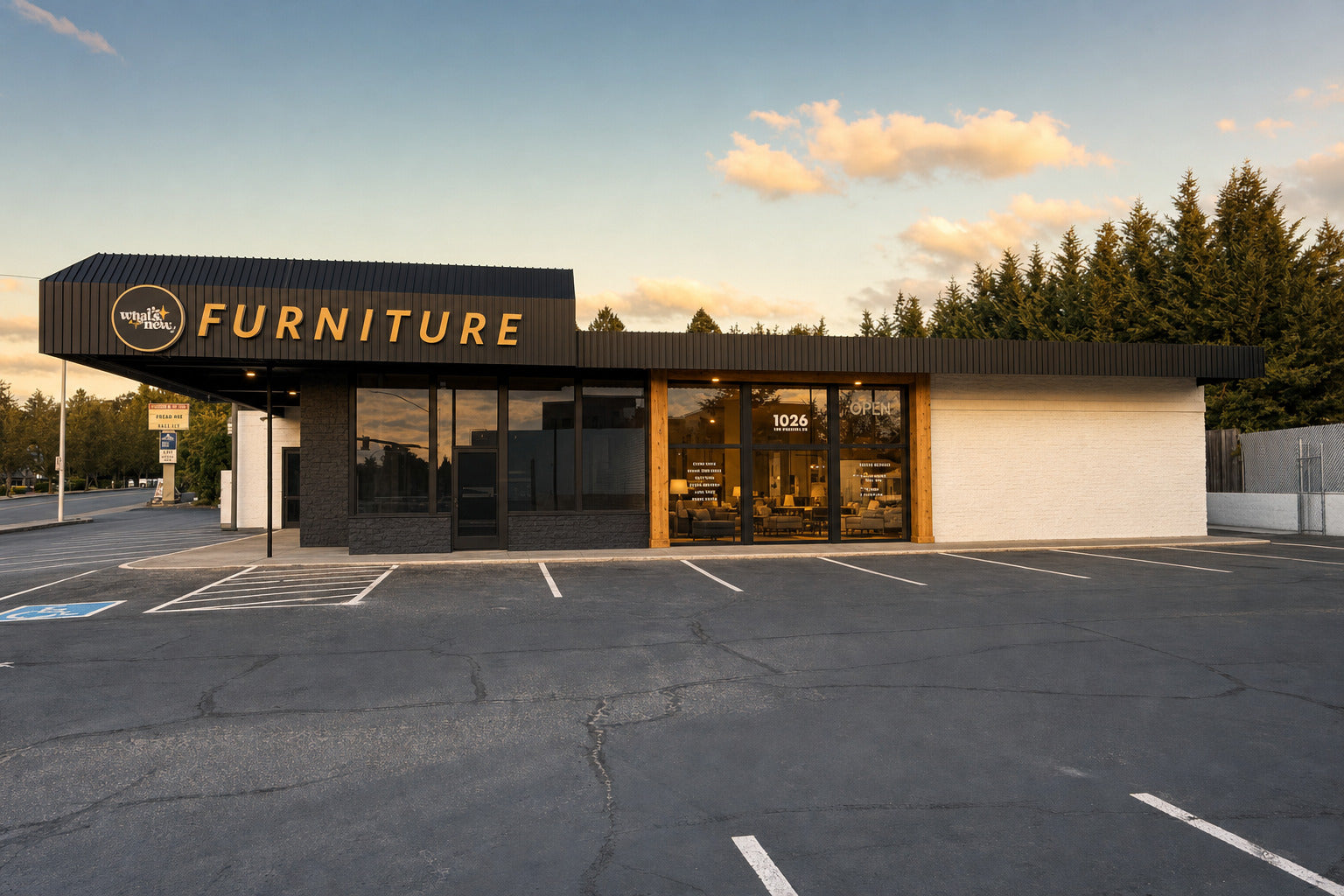 What's New Furniture Cedar Mill showroom exterior at golden hour, 1026 NW Murray Rd in Portland, Oregon