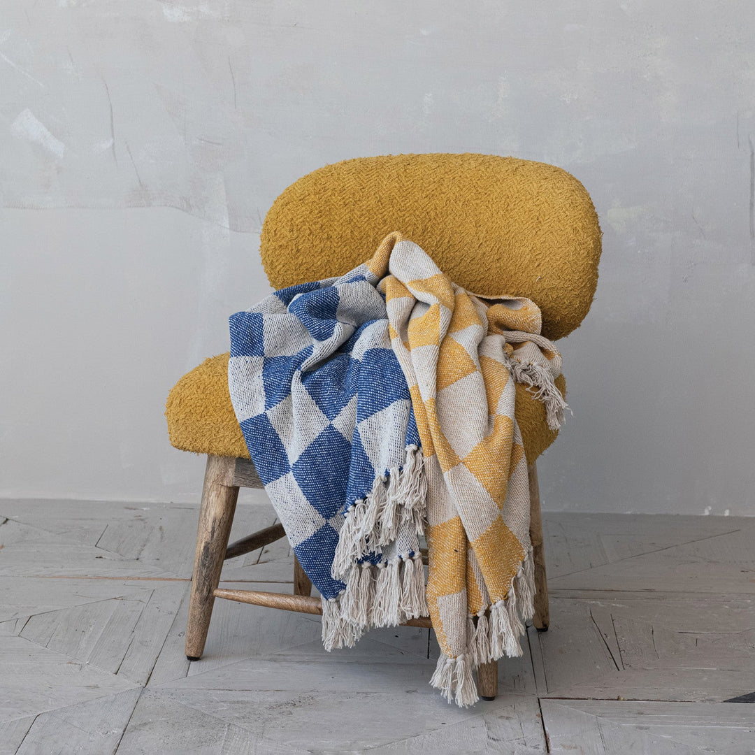 Woven Recycled Cotton Blend Throw with Check Pattern &amp; Fringe alternate angle - woven cotton check throw blanket by Creative Co-Op - Whats New Furniture Portland OR