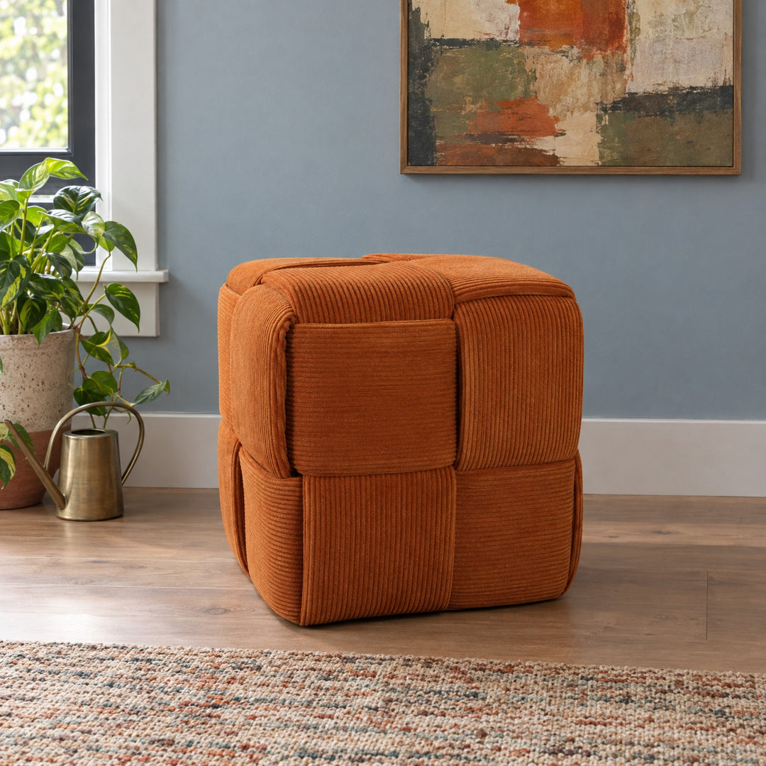 Woven Corduroy Cube Ottoman 15", Rust styled in a Portland living room - Whats New Furniture