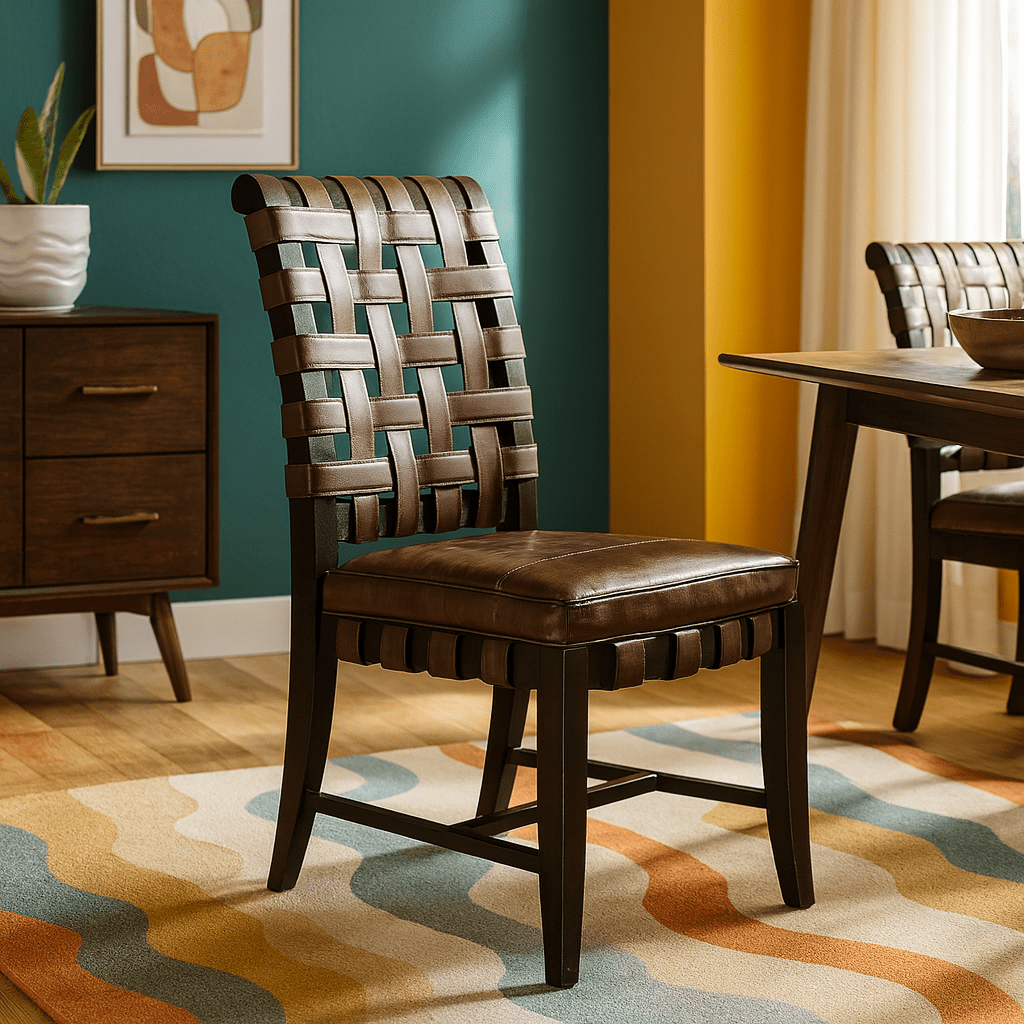 Woven Leather Dining Chairs (4) detail view 4 - Whats New Furniture - Portland, Oregon