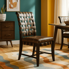 Woven Leather Dining Chairs (4) detail view 4 - Whats New Furniture - Portland, Oregon
