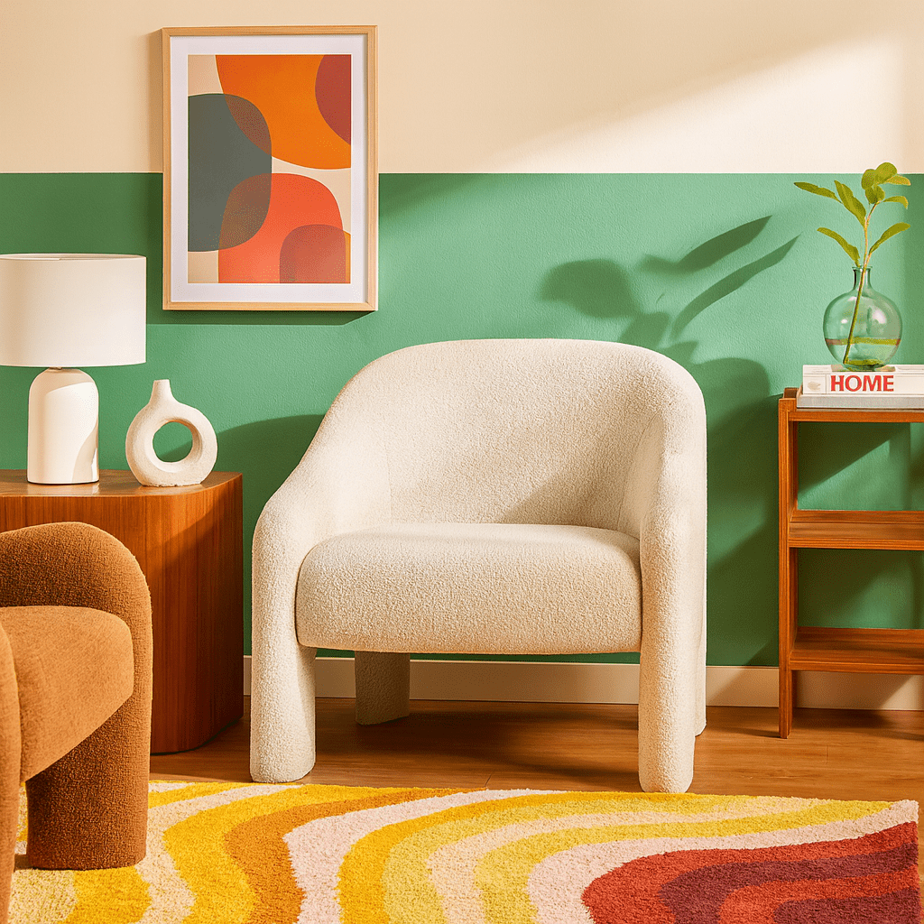Wren Armchair in Fawn lifestyle setting - curved boucle armchair private label - Whats New Furniture Portland OR