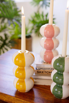 Yellow Ceramic Striped Taper Candle Holder — view 2