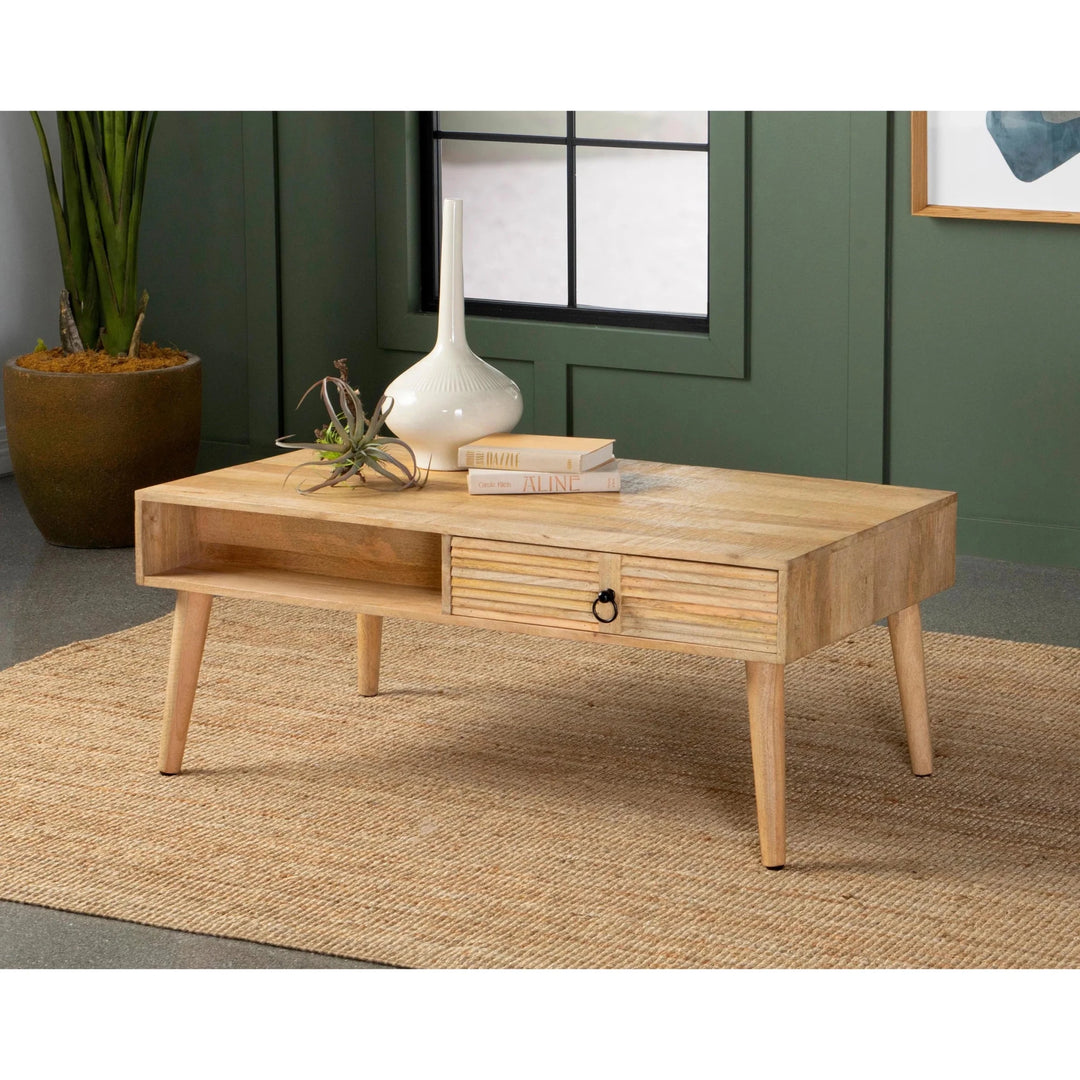 Zabel Coffee Table in Mango Wood side angle - mango wood coffee table by Coaster - Whats New Furniture Portland OR