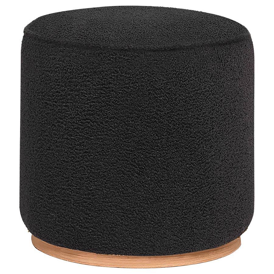 Zena Faux Sheepskin Ottoman in Black fabric colorway front view - round faux sheepskin ottoman by Coaster - Whats New Furniture Portland OR