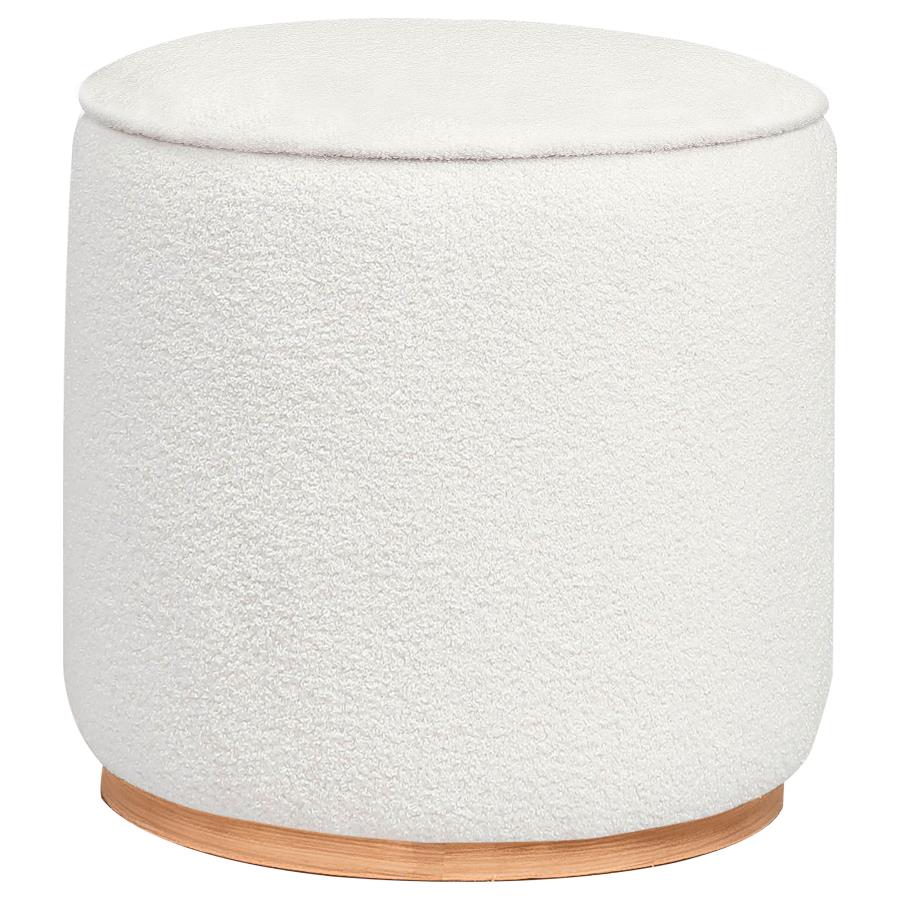 Zena Faux Sheepskin Ottoman in White secondary fabric colorway front view - round faux sheepskin ottoman by Coaster - Whats New Furniture Portland OR