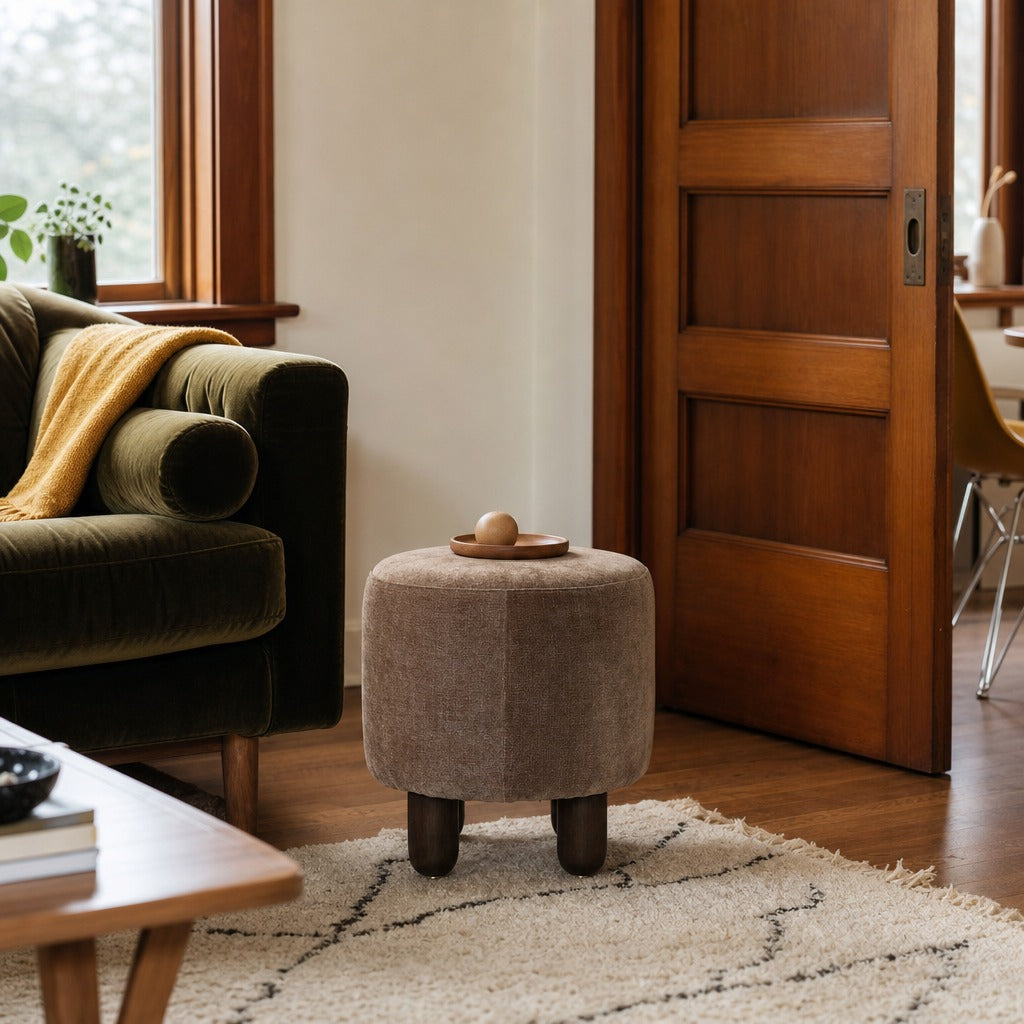 Zena Ottoman in Altair Mushroom styled in Portland St. Johns bungalow living room - Whats New Furniture