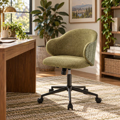 Zevia Fabric Swivel Office Armchair in Raya Green/Trellis Green styled in a Portland home - Whats New Furniture Portland