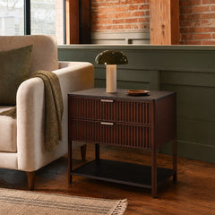 Zimmerlee 2 Drawer Side Table With Shelf Rust Brown styled in Portland converted warehouse flat with warm exposed brick and fir timber beams (no steel, no concrete) living room - What&
