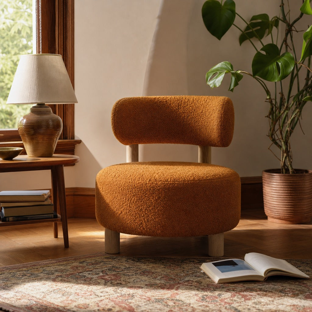 Zonie Boucle Upholstered Barrel Back Accent Chair Orange styled in Portland Montavilla cottage living room - What&