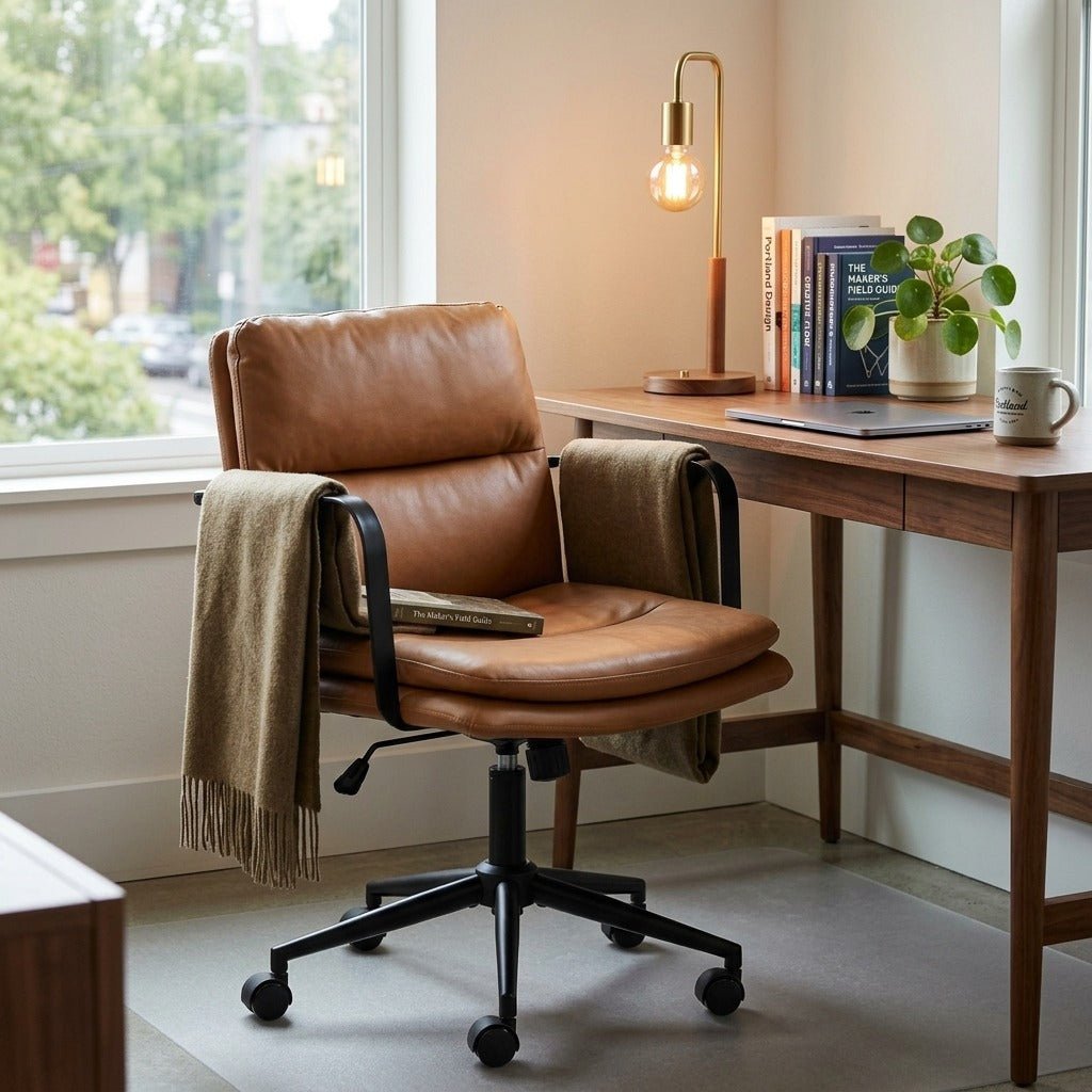 Birao Office Chair in Brown styled room setting - brown office chair by Zuo - Whats New Furniture Portland OR