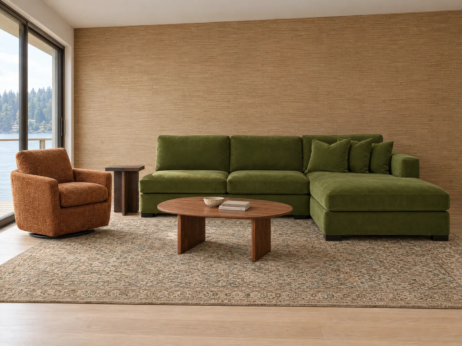 Generated room image: Aurora sectional in Vintage Moss styled in a Lake Oswego lakefront living room - What's New Furniture Portland