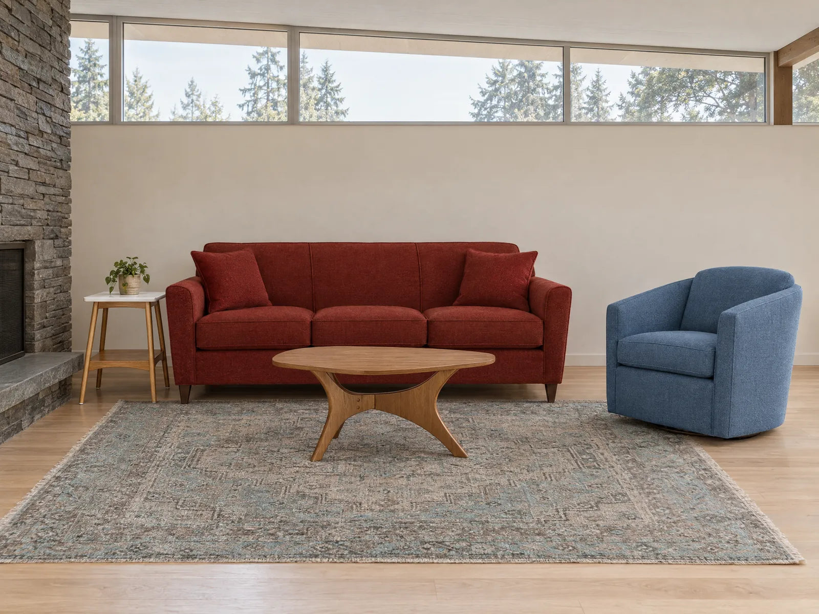 Generated room image: Cascadia sofa in Bridger Carmine styled in a Mt. Tabor mid-century with a blue swivel chair - What's New Furniture Portland