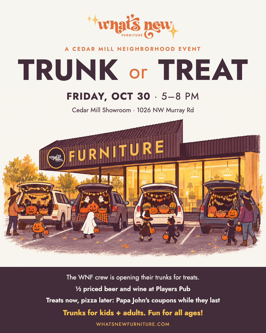 Illustrated Trunk or Treat poster with decorated cars at Cedar Mill, October 30 - Whats New Furniture Portland