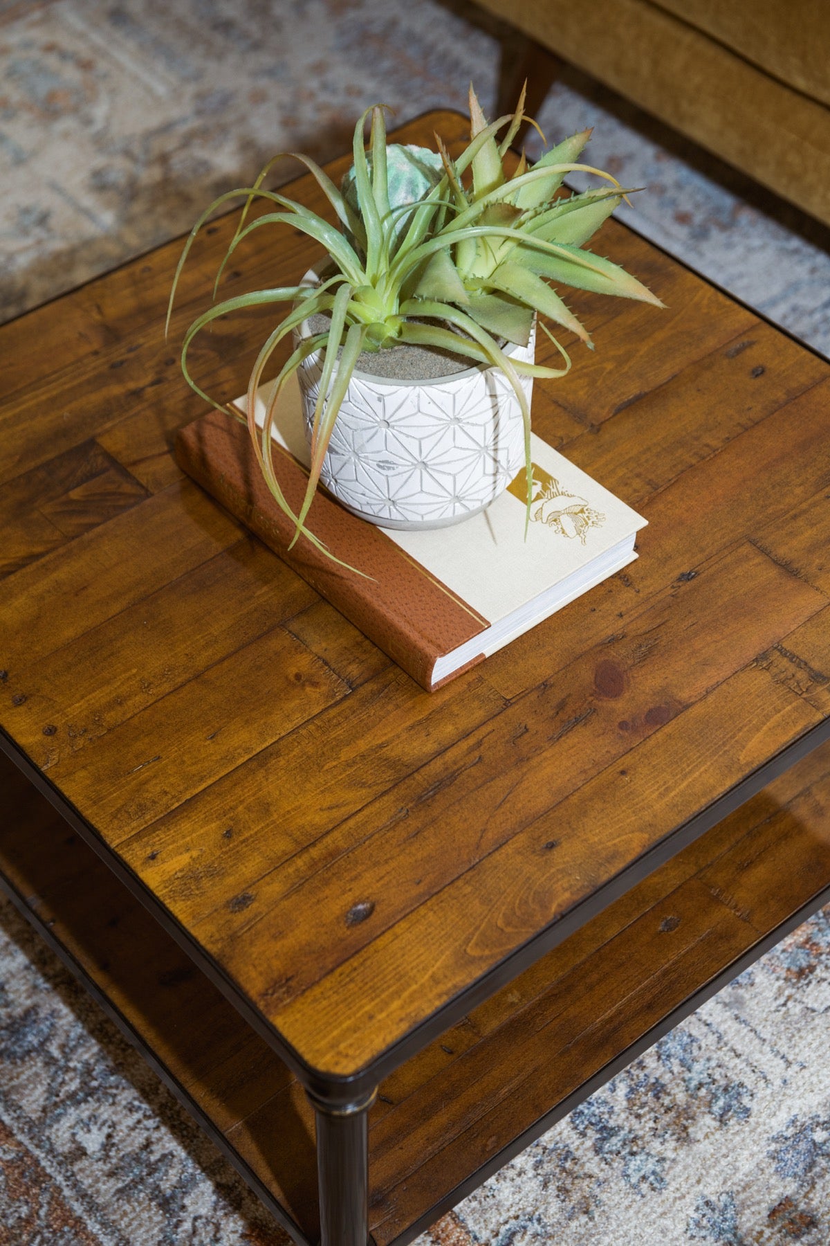 Styled coffee table with plant and decor on patterned rug